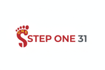Create a modern minimalist vector logo for "STEP ONE 31".
Write "STEP" in red 
Shape the "S" like a human footprint.
Add five toe marks in a circle at the top; the last three spell "ONE" in yellow.
Place "31" near the logo.
Fashion brand style, high quality, transparent background.