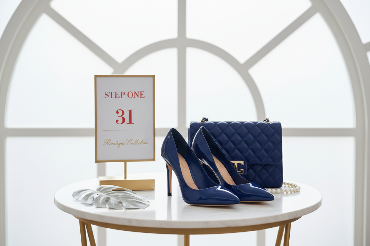 je veux une photo contien chausser femme avec son sac sur une table et je veux le nom du boutique écriver en rouge le nom c STEP ONE 31